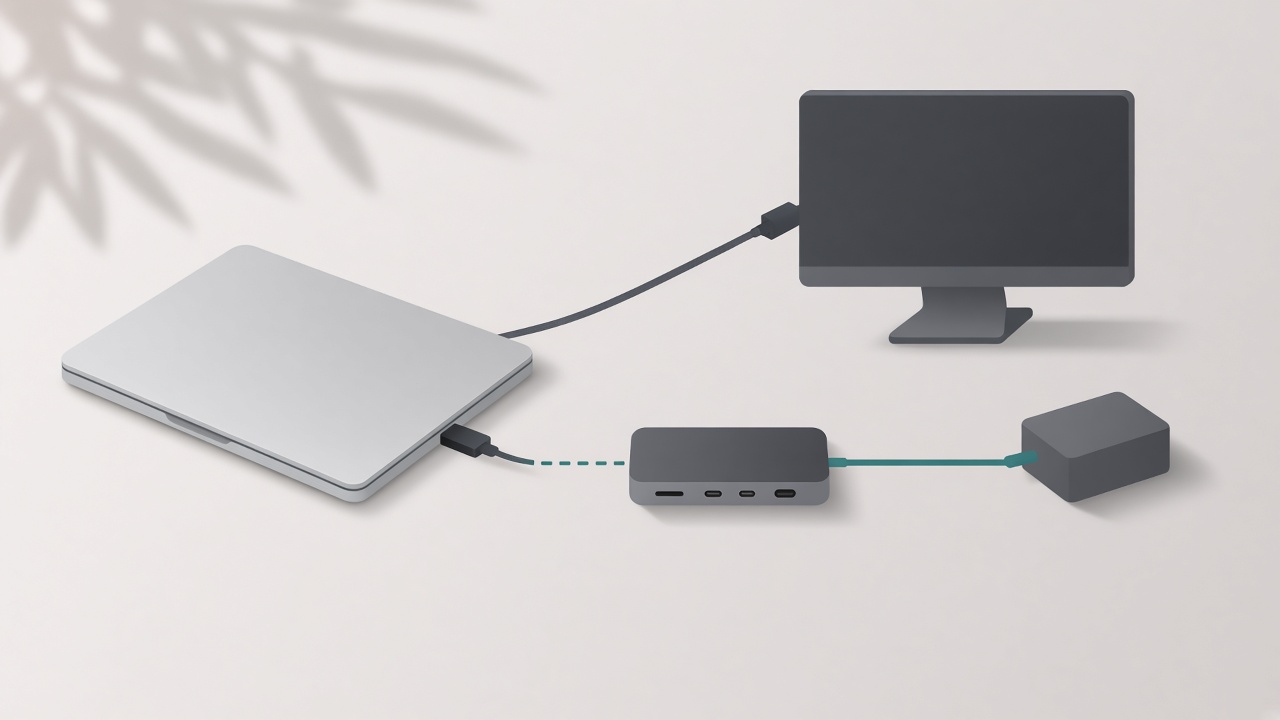 Оригинальная редакционная иллюстрация условных ноутбука, компактного USB-C хаба, зарядного блока и монитора; без логотипов, текста и изображения конкретной модели.