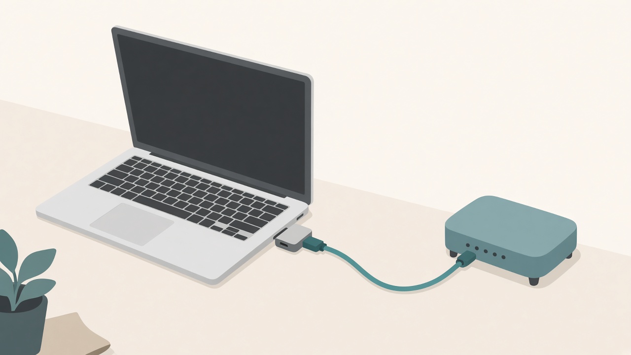 Оригинальная редакционная иллюстрация условного ноутбука, USB-C адаптера и роутера, соединённых кабелем; без логотипов, текста и изображения конкретной модели.
